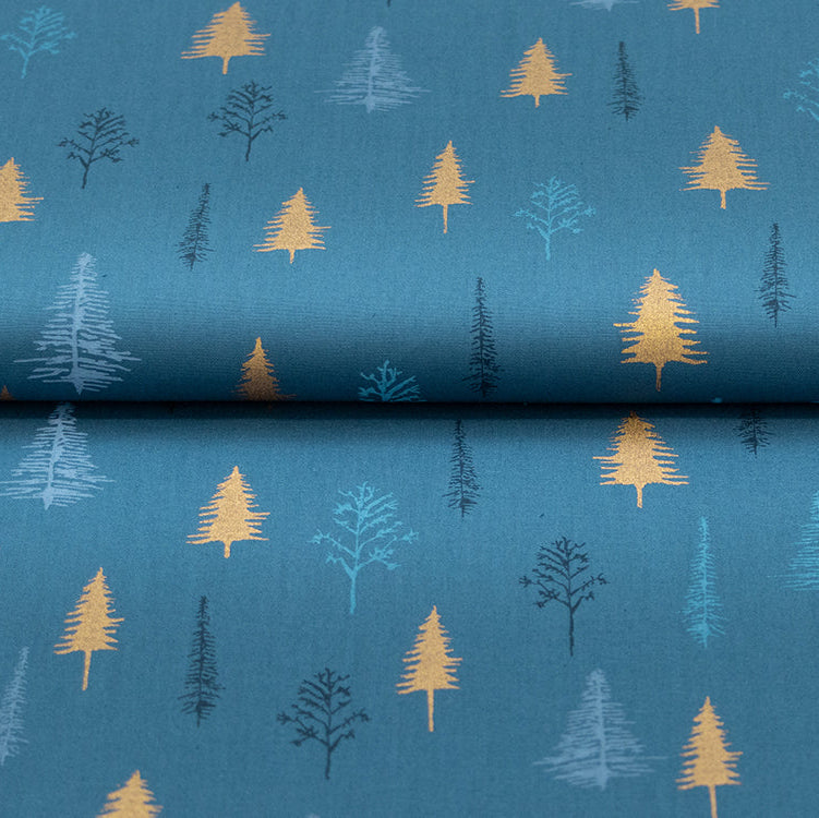 Webware Baumwolle Popeline mit Foliendruck - Tannenbäume - Indigoblau