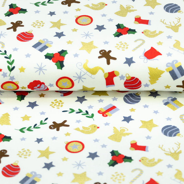 Webware Baumwolle Popeline mit Foliendruck - Zuckerstangen und Weihnachtsengel