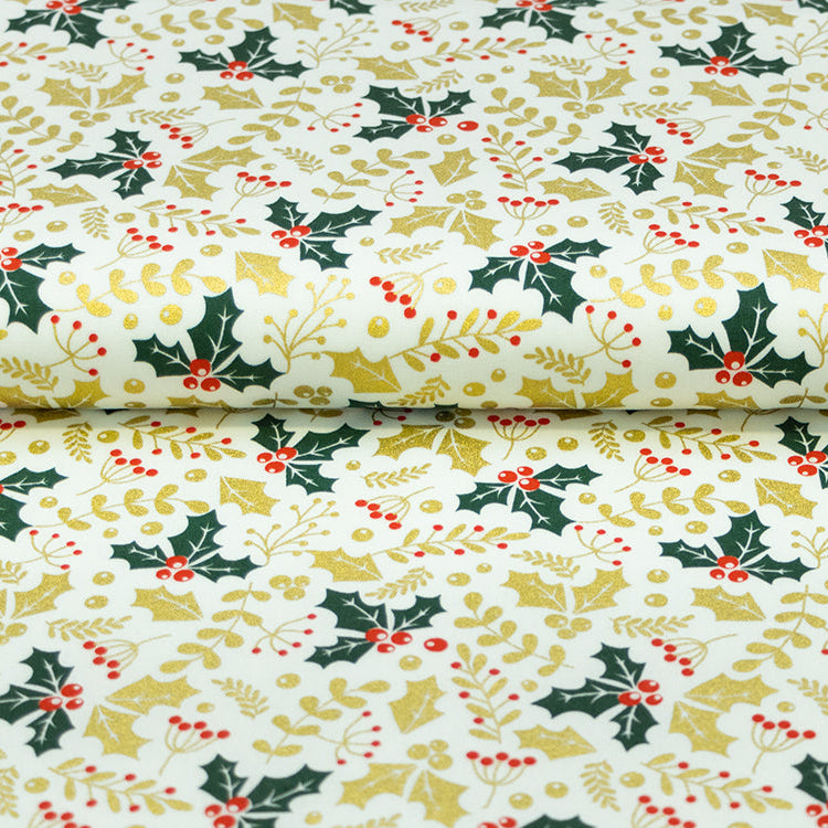 Webware Baumwolle Popeline mit Foliendruck - Stechpalme und Winterbeeren