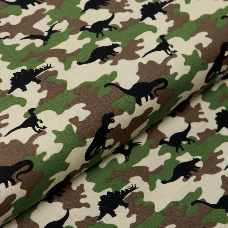 Webware Baumwolle Popeline - Dinos auf Camouflage - Grün