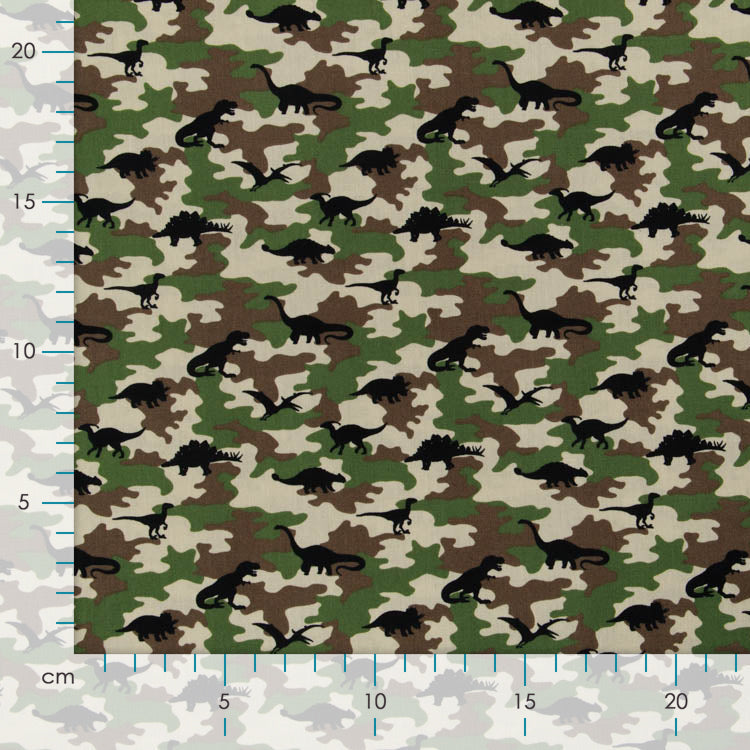 Webware Baumwolle Popeline - Dinos auf Camouflage - Grün