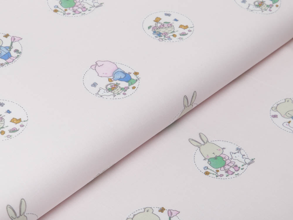 Webware Baumwolle Popeline - niedliche Tierkinder im Blumenkreis