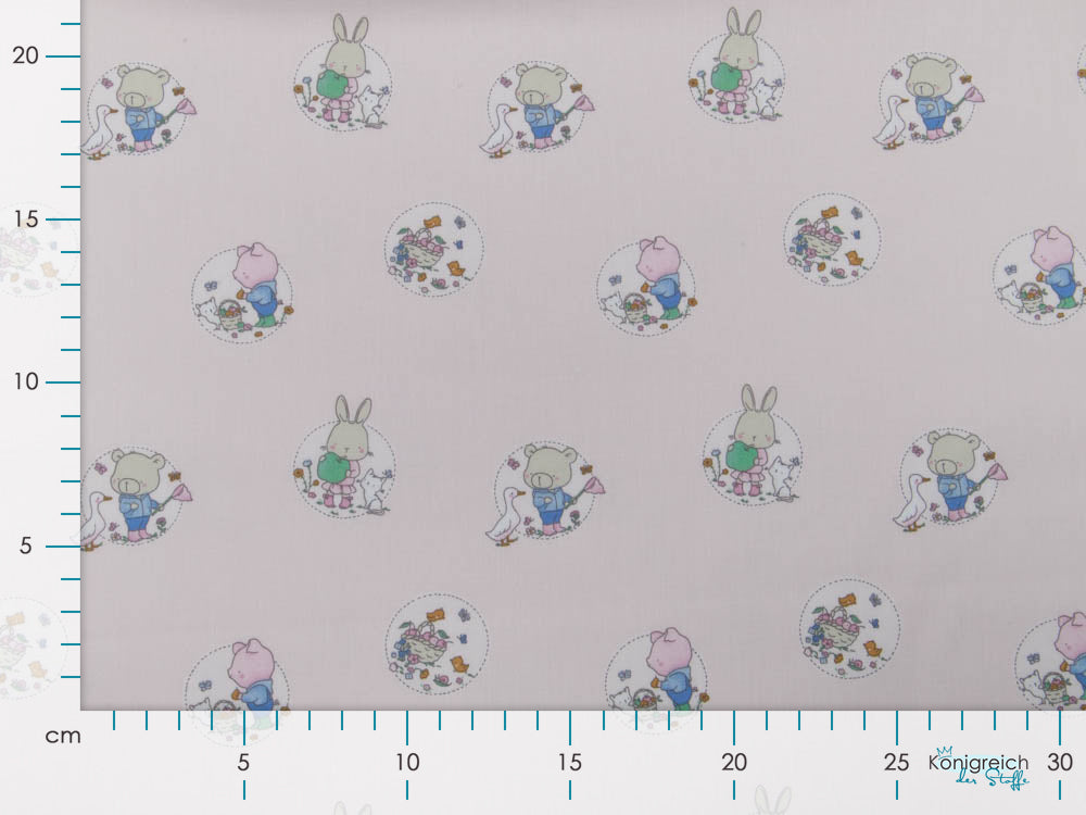 Webware Baumwolle Popeline - niedliche Tierkinder im Blumenkreis