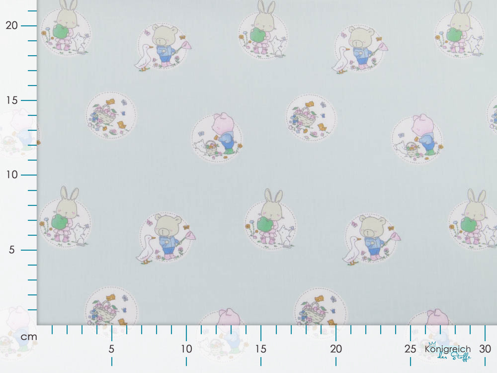 Webware Baumwolle Popeline - niedliche Tierkinder im Blumenkreis