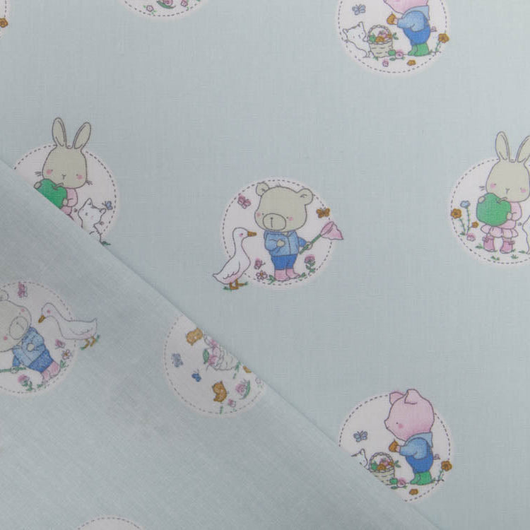 Webware Baumwolle Popeline - niedliche Tierkinder im Blumenkreis