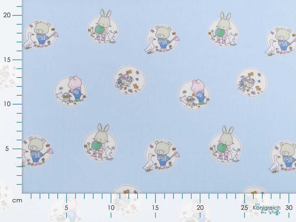 Webware Baumwolle Popeline - niedliche Tierkinder im Blumenkreis