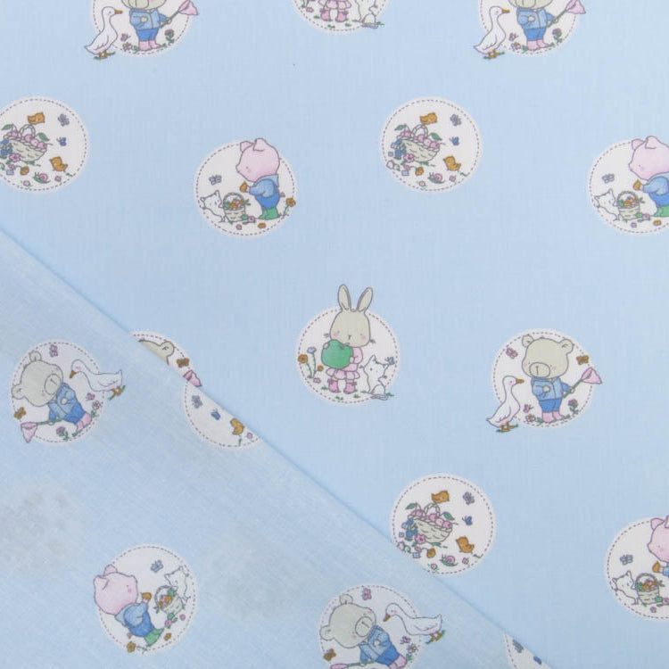 Webware Baumwolle Popeline - niedliche Tierkinder im Blumenkreis