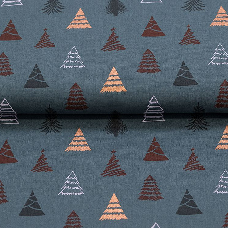 Webware Baumwolle Popeline mit Foliendruck - geschmückte Tannenbäume