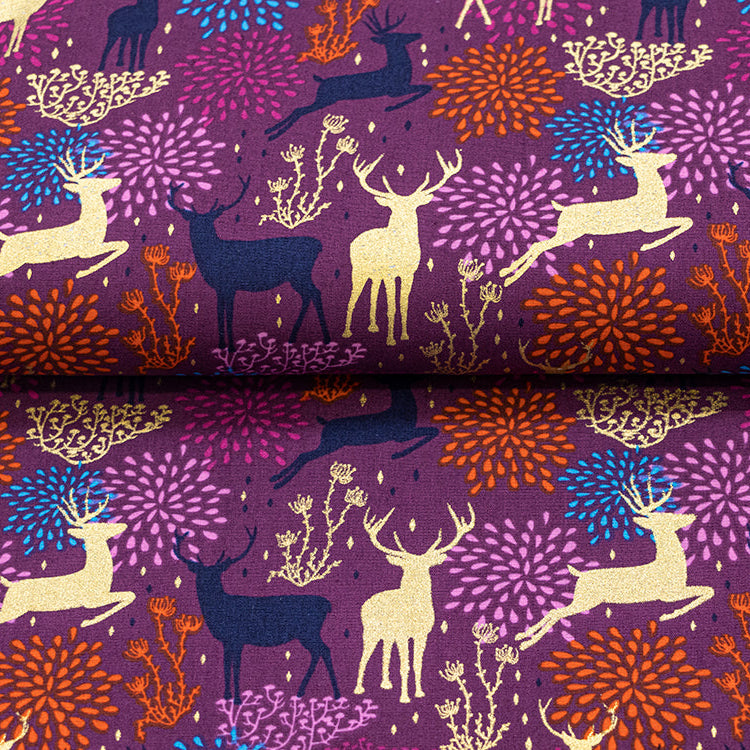 Webware Baumwolle Popeline mit Foliendruck - Rotwild im Wald - Magenta