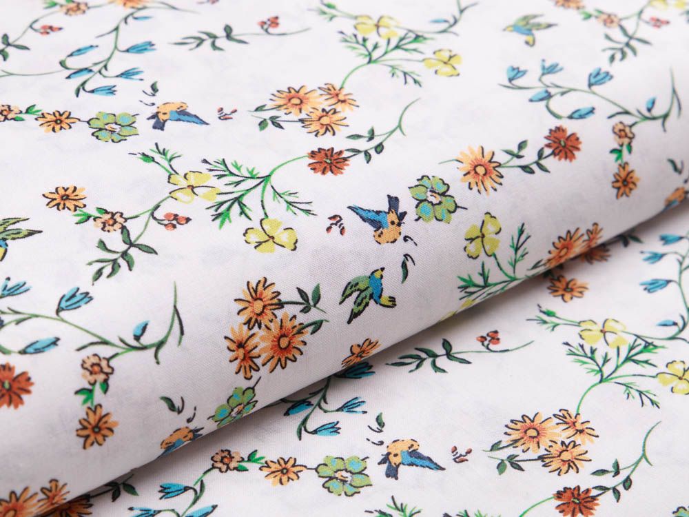 Webware Popeline Baumwolle Digitaldruck - Blumenranken und Vögel - weiß/orange