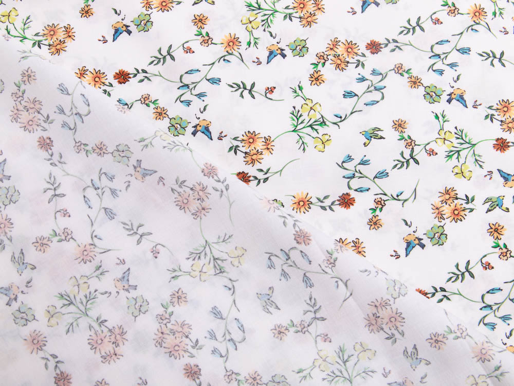 Webware Popeline Baumwolle Digitaldruck - Blumenranken und Vögel - weiß/orange