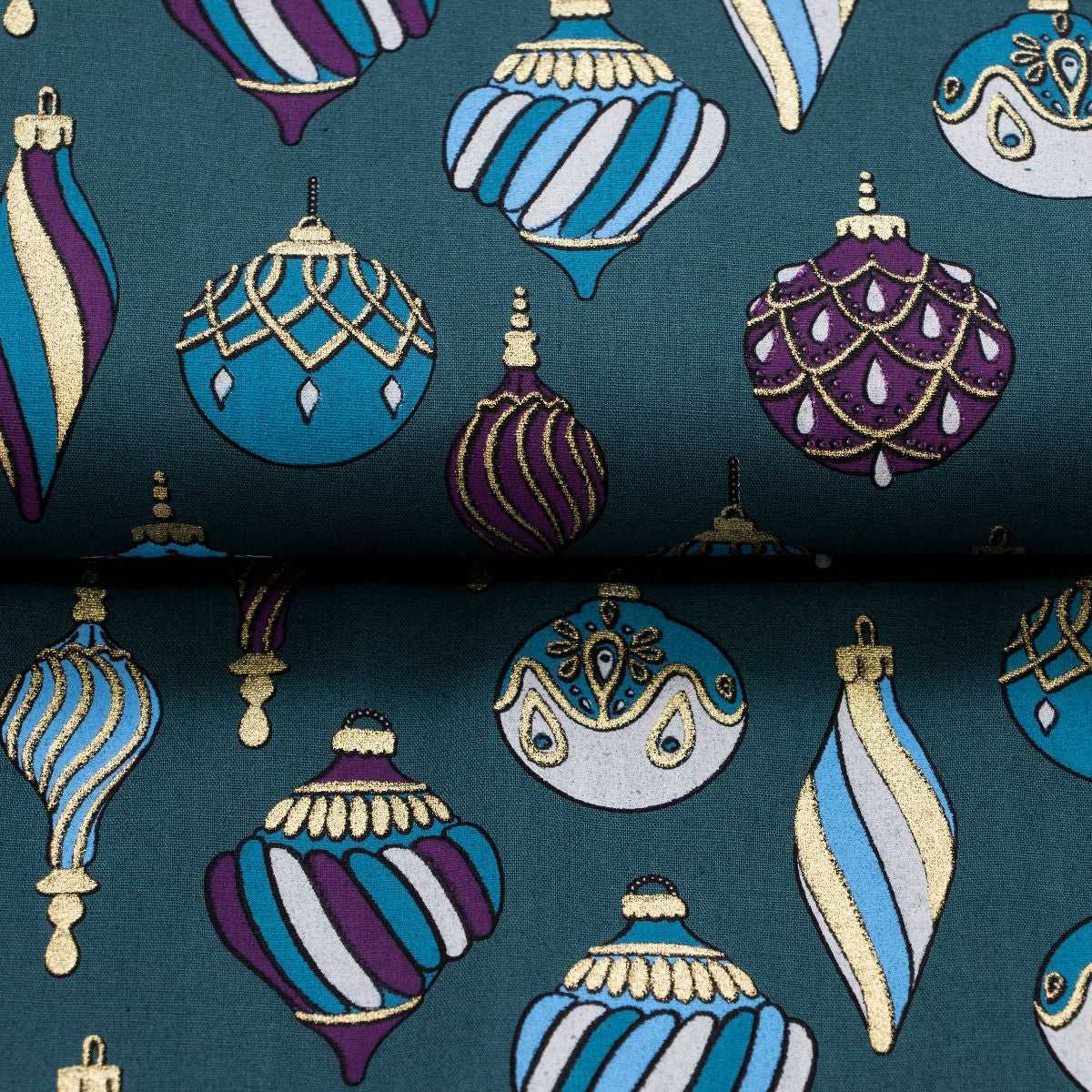 Webware Baumwolle Popeline mit Foliendruck - buntgemusterte Weihnachtskugeln