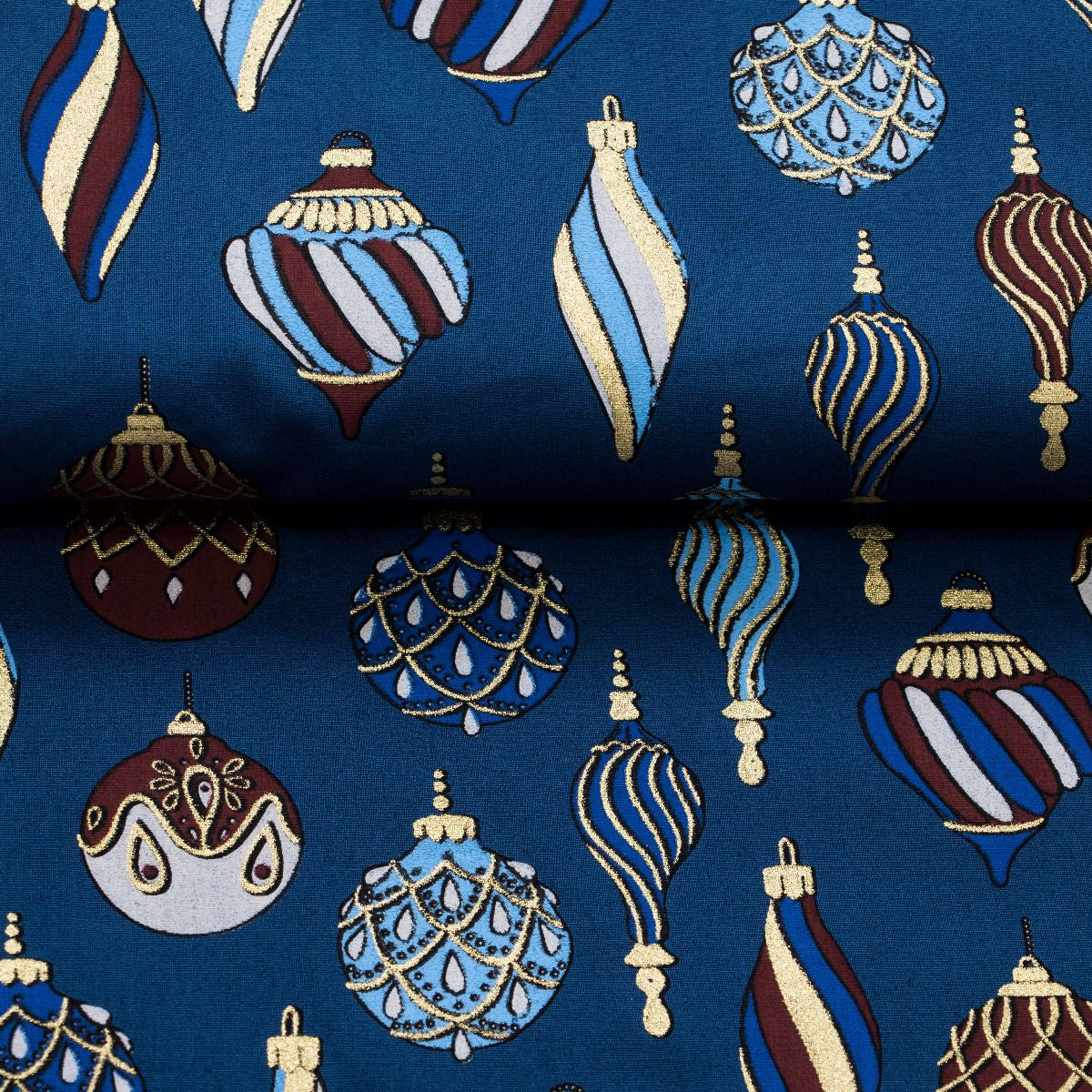 Webware Baumwolle Popeline mit Foliendruck - buntgemusterte Weihnachtskugeln