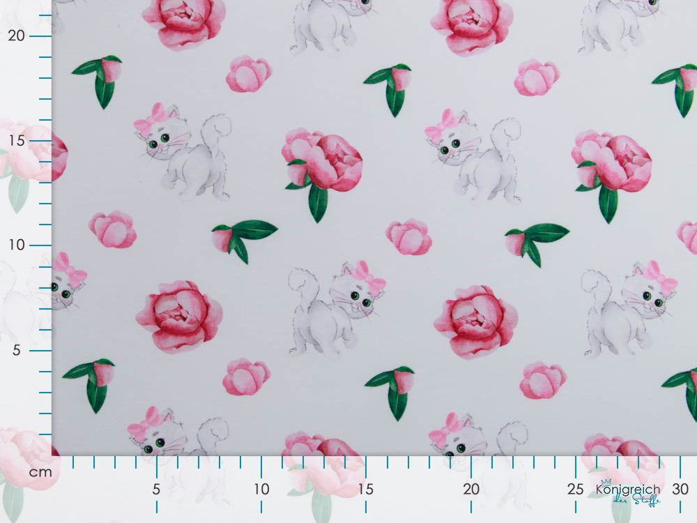 Jersey Digitaldruck Stenzo - süße Kätzchen und Blumen - weiß