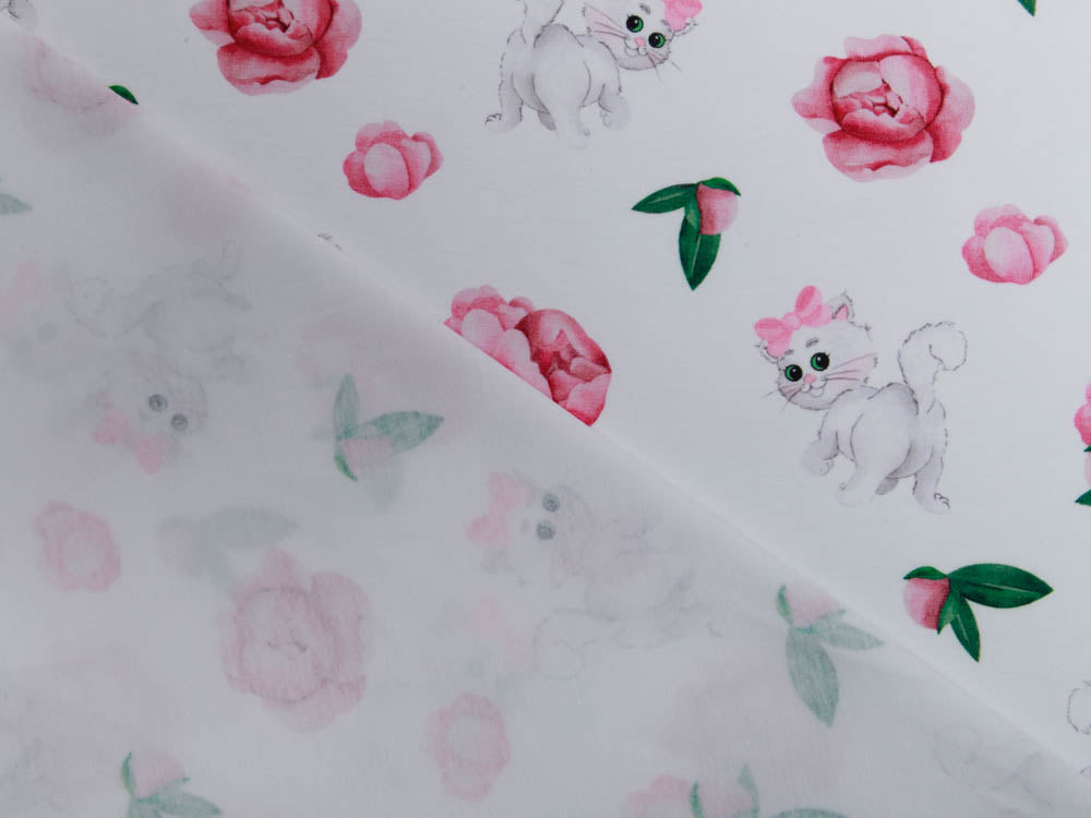 Jersey Digitaldruck Stenzo - süße Kätzchen und Blumen - weiß