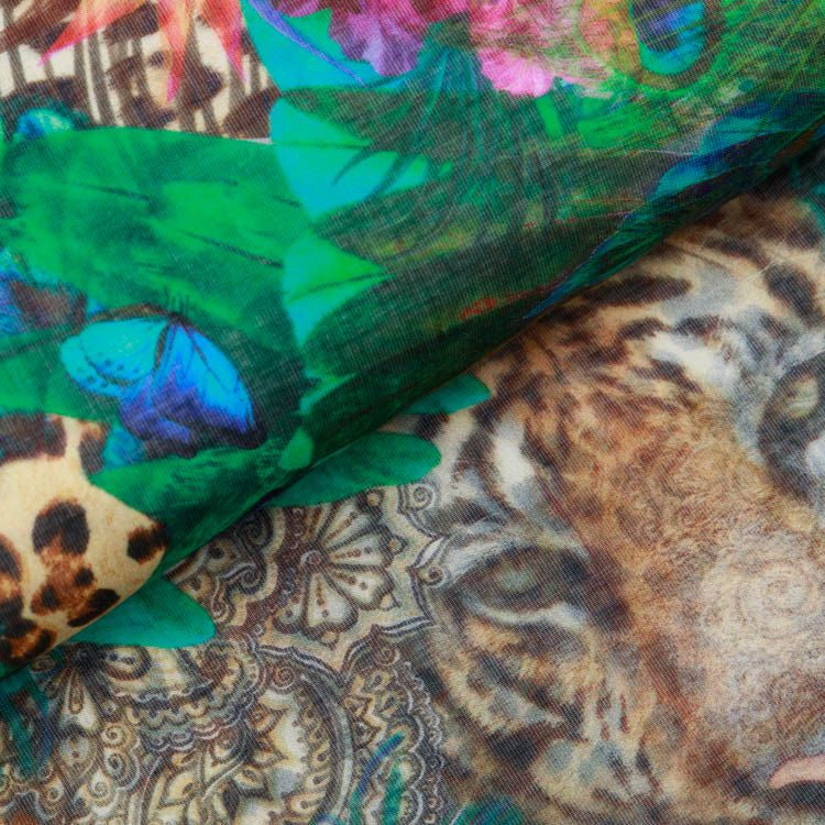 Webware Voile Kaftan für Kinder Digitaldruck Stenzo PANEL ca. 150 x 150 cm - Pfauenfedern und Tiger - grün