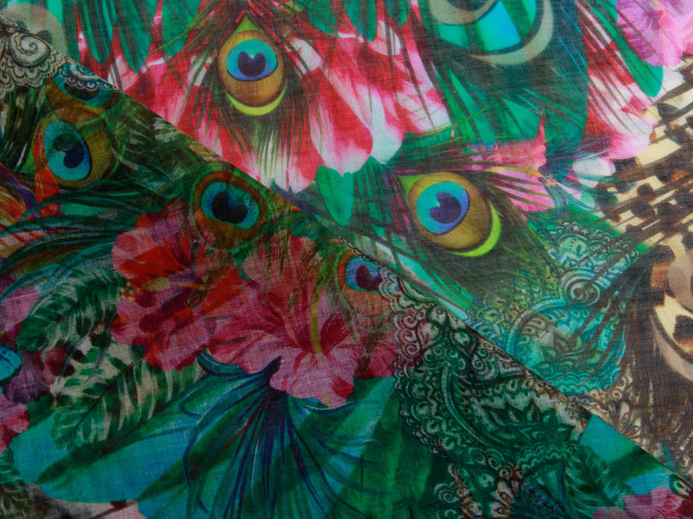 Webware Voile Kaftan für Kinder Digitaldruck Stenzo PANEL ca. 150 x 150 cm - Pfauenfedern und Tiger - grün