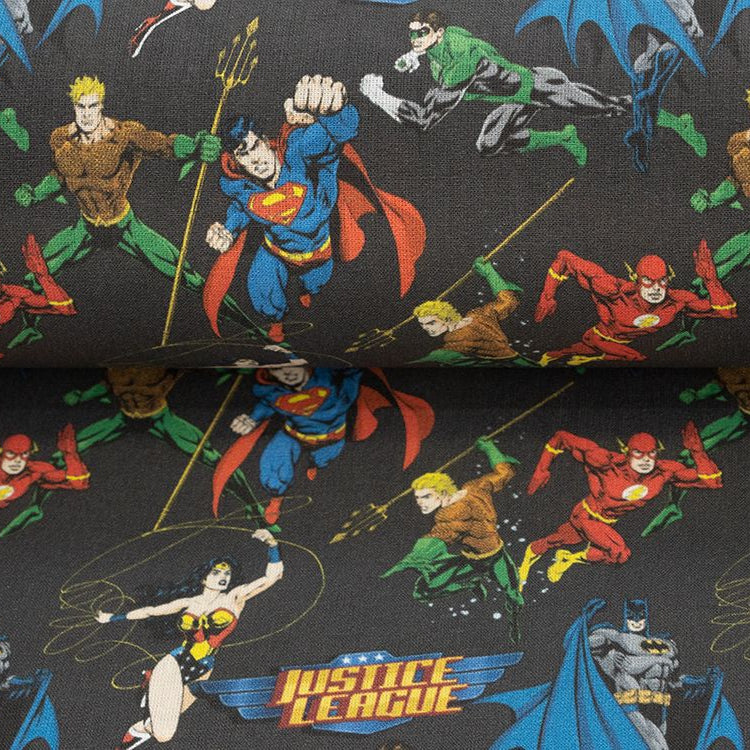 Webware Baumwolle Popeline Digitaldruck Justice League - Superhelden in Aktion - anthrazit