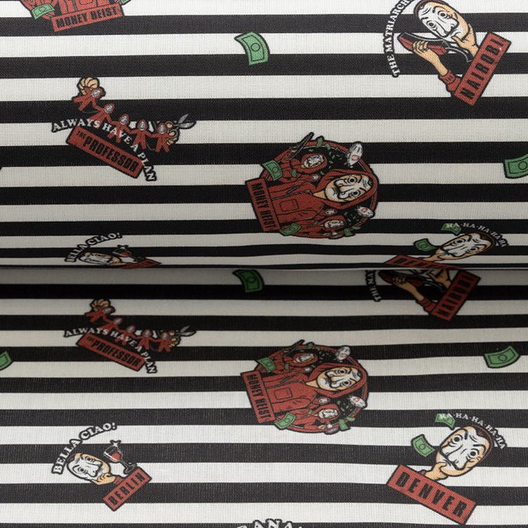 Webware Baumwolle Popeline Digitaldruck La Casa De Papel - Mas Que auf Streifen - weiß