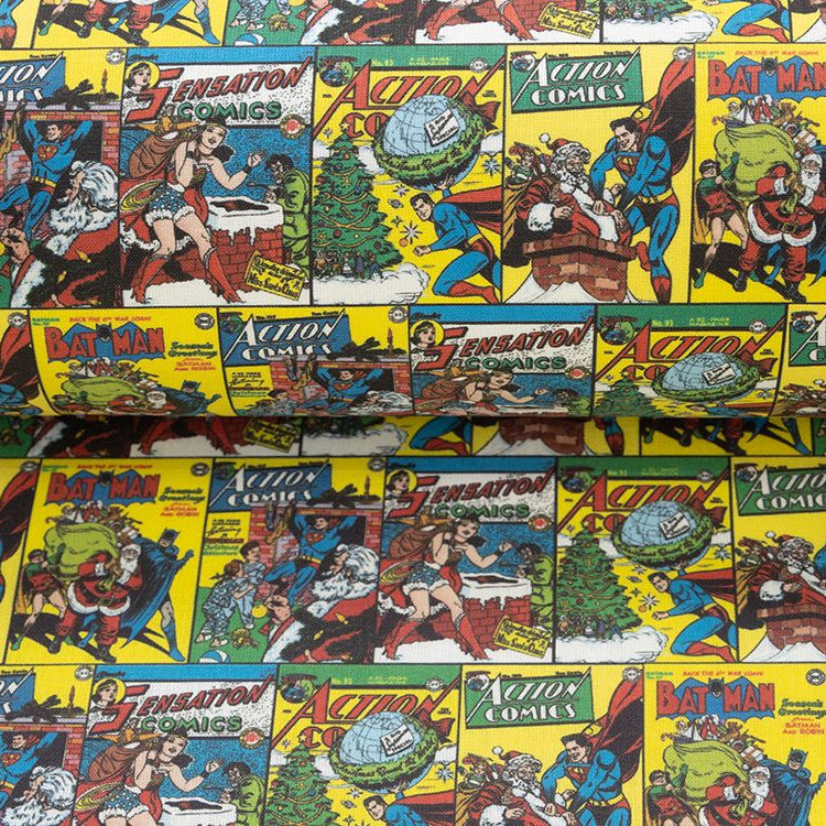 Webware Baumwolle Popeline Digitaldruck Justice League - Superhelden feiern X-mas im Comicstyle - gelb