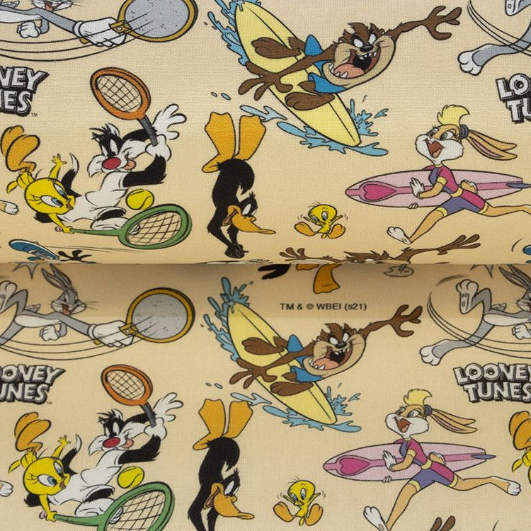 Webware Baumwolle Popeline Digitaldruck Looney Tunes - Bugs Bunny und Freunde beim Sport - pfirsich
