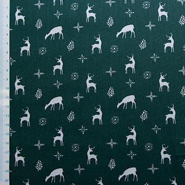 Webware Popeline Baumwolle Weihnachten - Rotwild und Sterne - Dunkelgrün
