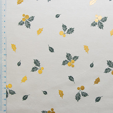 Webware Popeline Baumwolle Weihnachten - Metallic Stechpalmen - Wollweiß