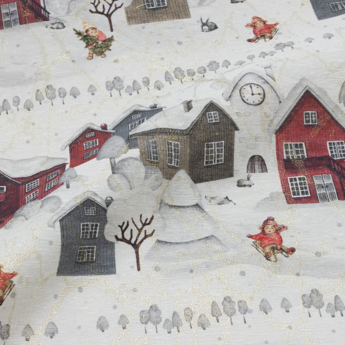 Gewebter Jacquard Dekostoff mit Glitzer Weihnachten in Leinenoptik - verschneite Winterlandschaft - Ecru