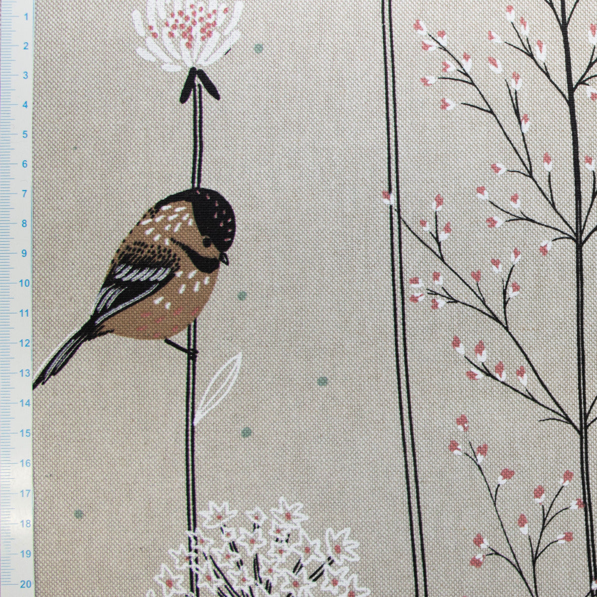 Dekostoff Half-Panama Leinenoptik -  Blumen und Vögelchen - Natur