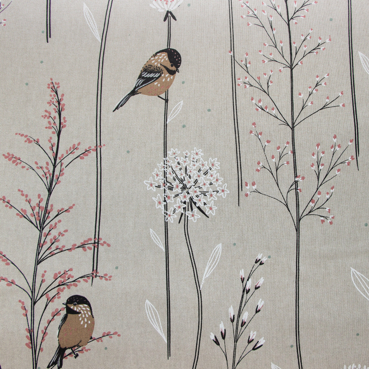 Dekostoff Half-Panama Leinenoptik -  Blumen und Vögelchen - Natur