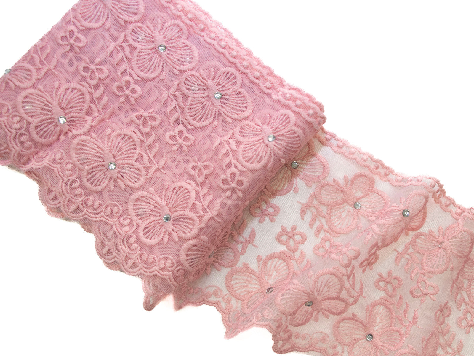 Spitze mit Strasssteinen - 15 cm breit - Schmetterlinge - rosa