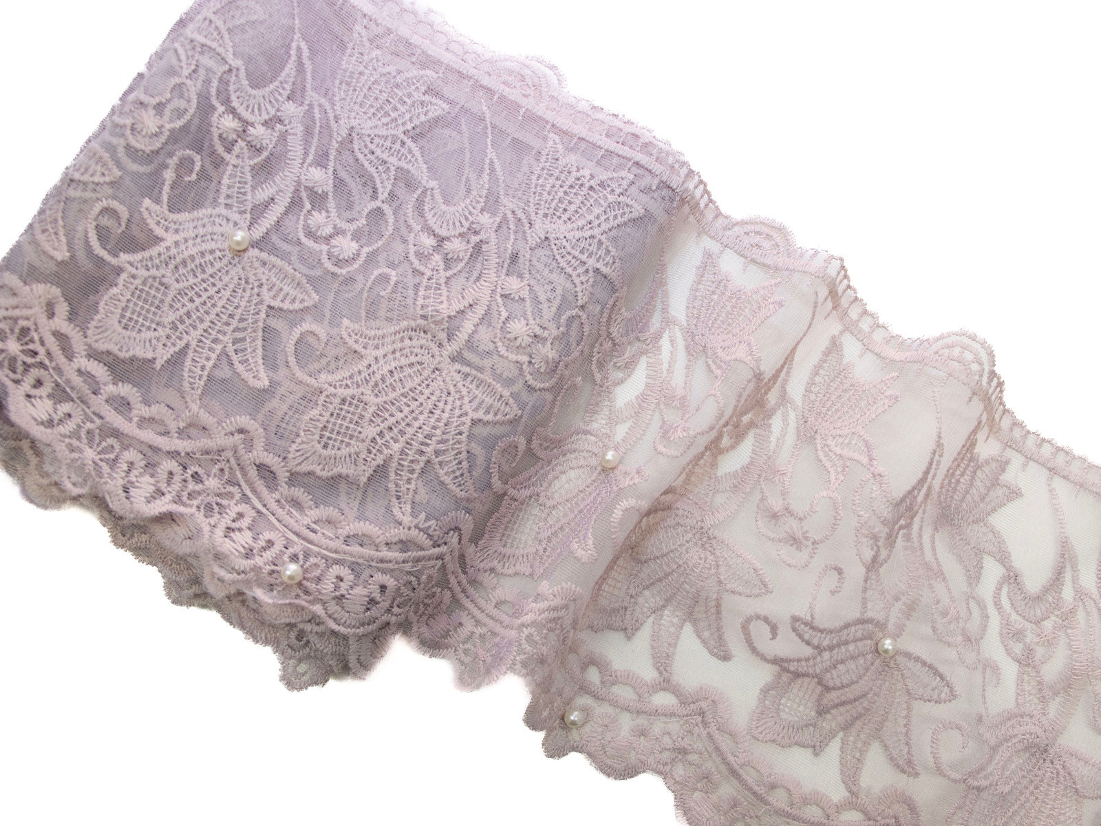 Spitze mit Perlen - 15 cm breit - florales Muster - flieder