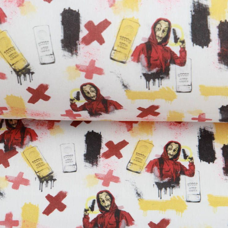 Webware Baumwolle Popeline Digitaldruck La Casa De Papel - Tokio, Rio und Co - weiß