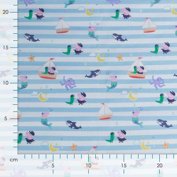 Webware Baumwolle Popeline Digitaldruck Peppa Pig - Peppa auf hoher See - weiß