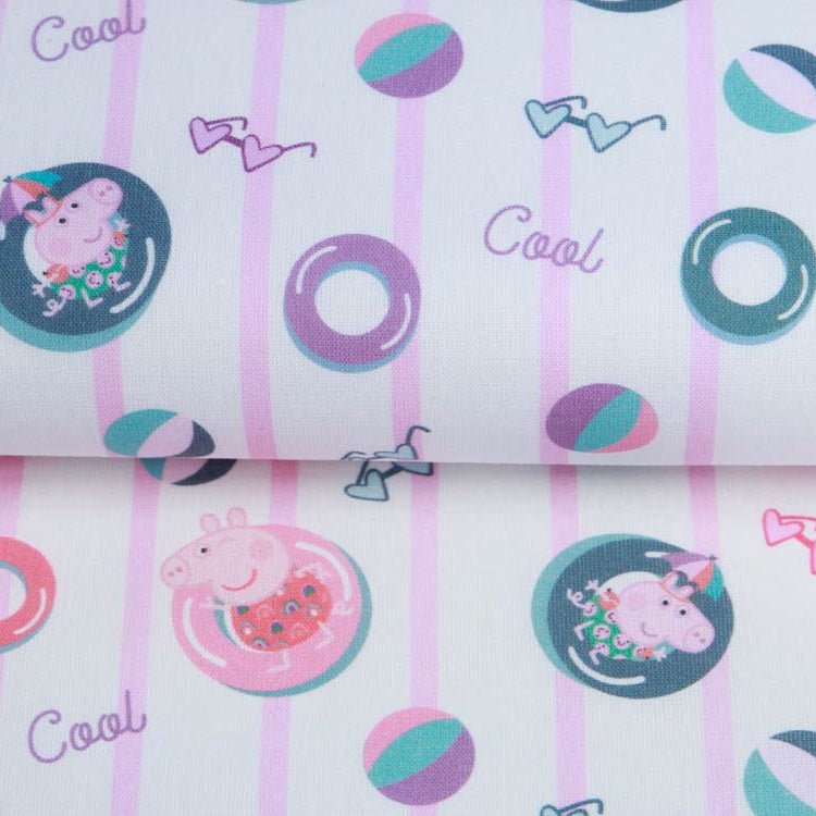 Webware Baumwolle Popeline Digitaldruck Peppa Pig - Peppa im Schwimmbad - weiß