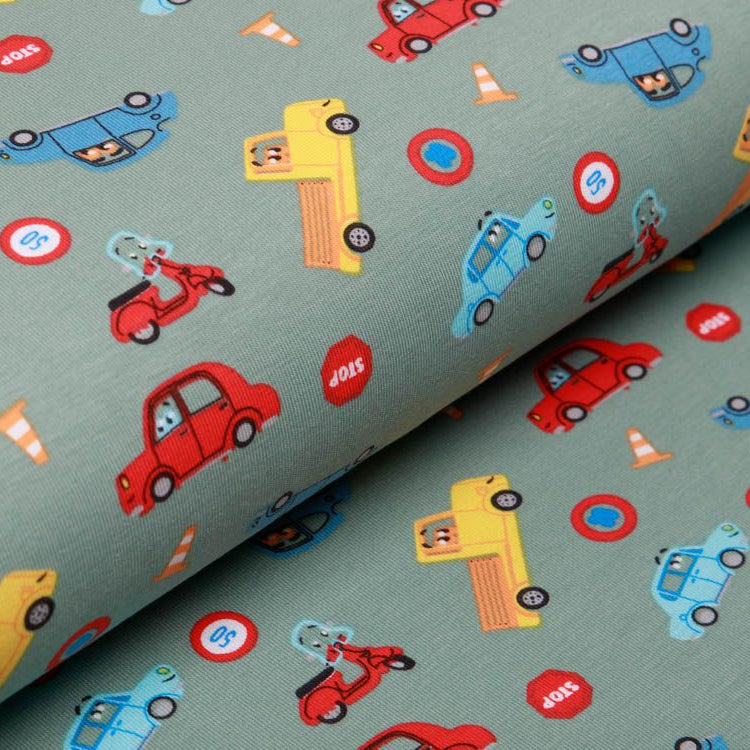 Webware Popeline Baumwolle - verschiedene Autos - altgrün