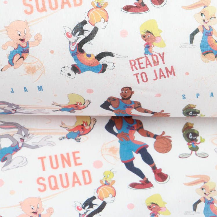 Webware Baumwolle Popeline Digitaldruck Looney Tunes - Ready to Jam - gesprenkeltes weiß/rosa