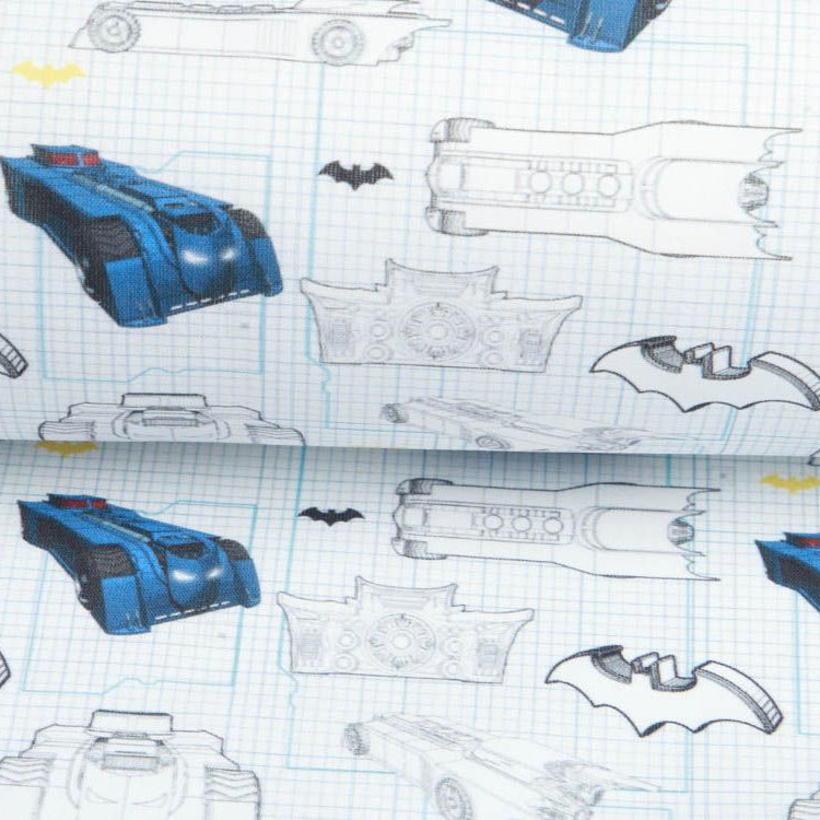 Webware Baumwolle Popeline Digitaldruck Batman - Batmobile auf Karos - weiß