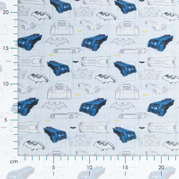 Webware Baumwolle Popeline Digitaldruck Batman - Batmobile auf Karos - weiß