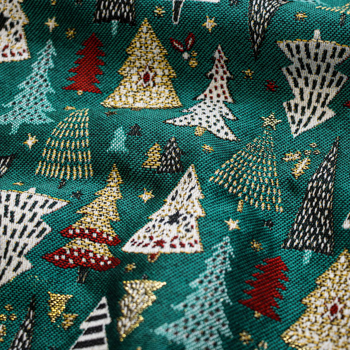 Jacquard Gobelin Dekostoff mit Glitzer in Leinenoptik - gemusterte Weihnachtsbäume
