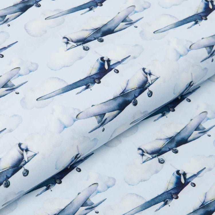 Webware Popeline Baumwolle Digitaldruck - Flugzeuge - hellblau