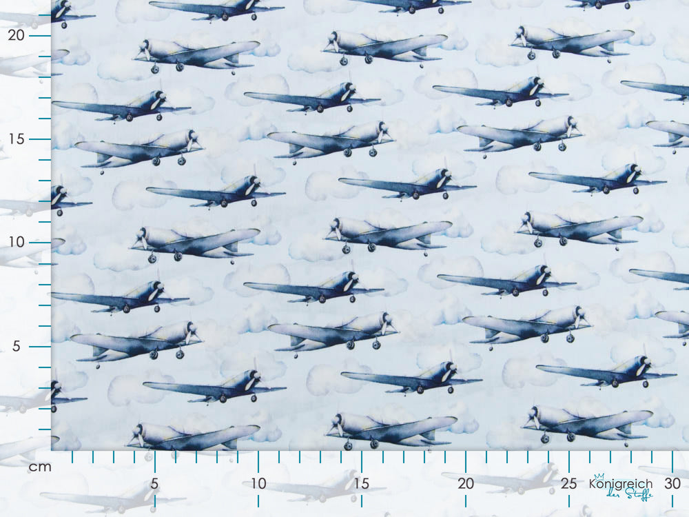 Webware Popeline Baumwolle Digitaldruck - Flugzeuge - hellblau
