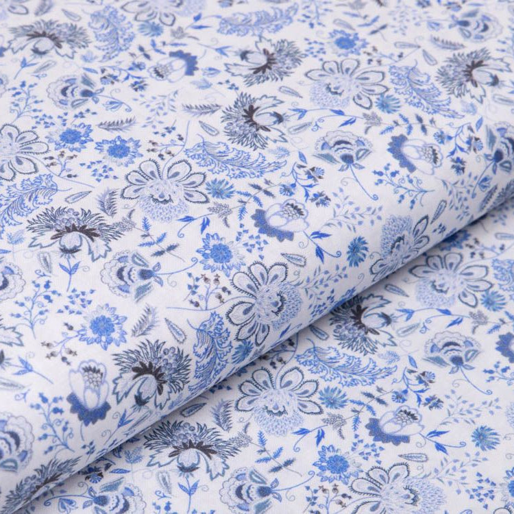 Webware Baumwolle Digitaldruck - Blumenfeld - weiß/blau