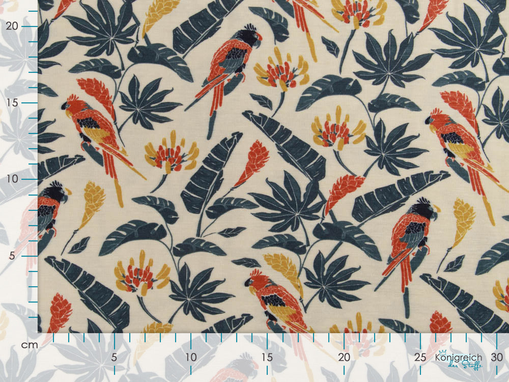 Bambus Jersey SARAH - Papageien und Blätter - beige