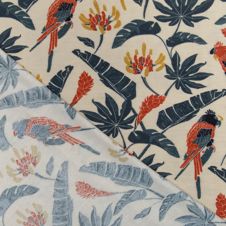 Bambus Jersey SARAH - Papageien und Blätter - beige