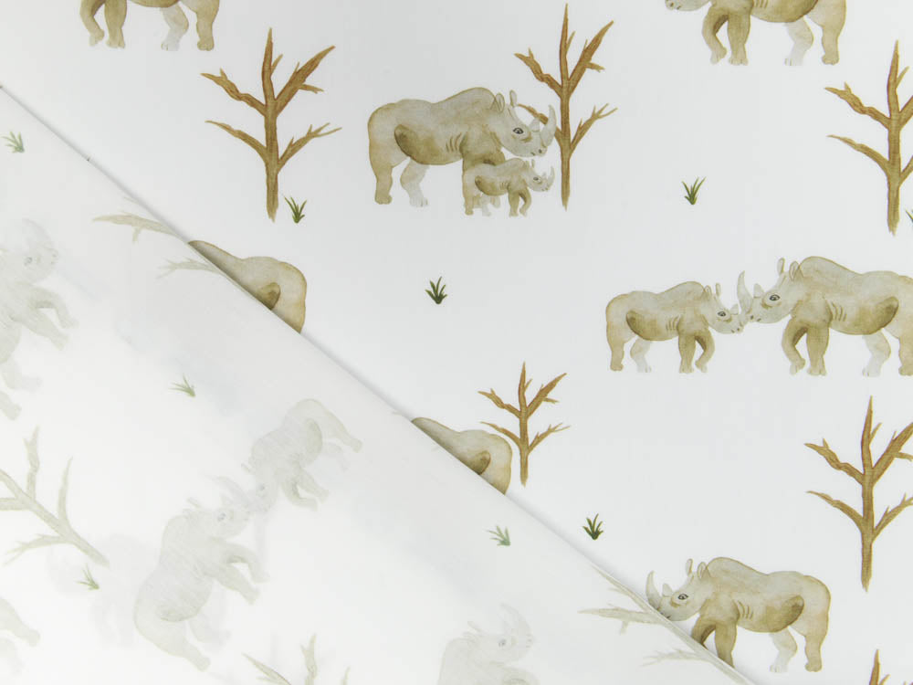 Webware Baumwolle Popeline Digitaldruck Mix Aspen Snoozy - kleine und große Nashörner - weiß