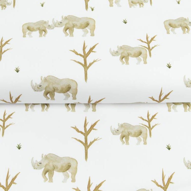 Webware Baumwolle Popeline Digitaldruck Mix Aspen Snoozy - kleine und große Nashörner - weiß