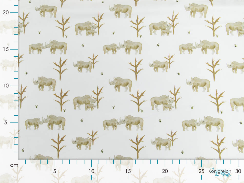 Webware Baumwolle Popeline Digitaldruck Mix Aspen Snoozy - kleine und große Nashörner - weiß