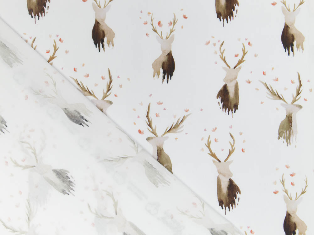 Webware Baumwolle Popeline Digitaldruck Mix Leif Snoozy - Rentiere und kleine Vögel - weiß