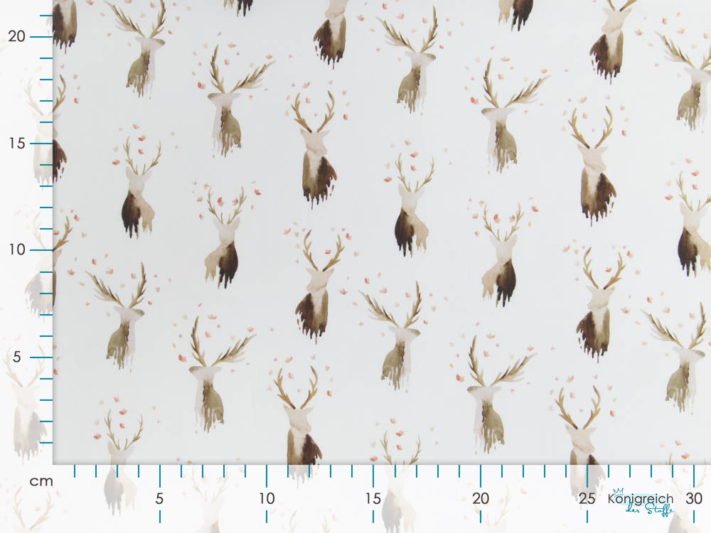 Webware Baumwolle Popeline Digitaldruck Mix Leif Snoozy - Rentiere und kleine Vögel - weiß